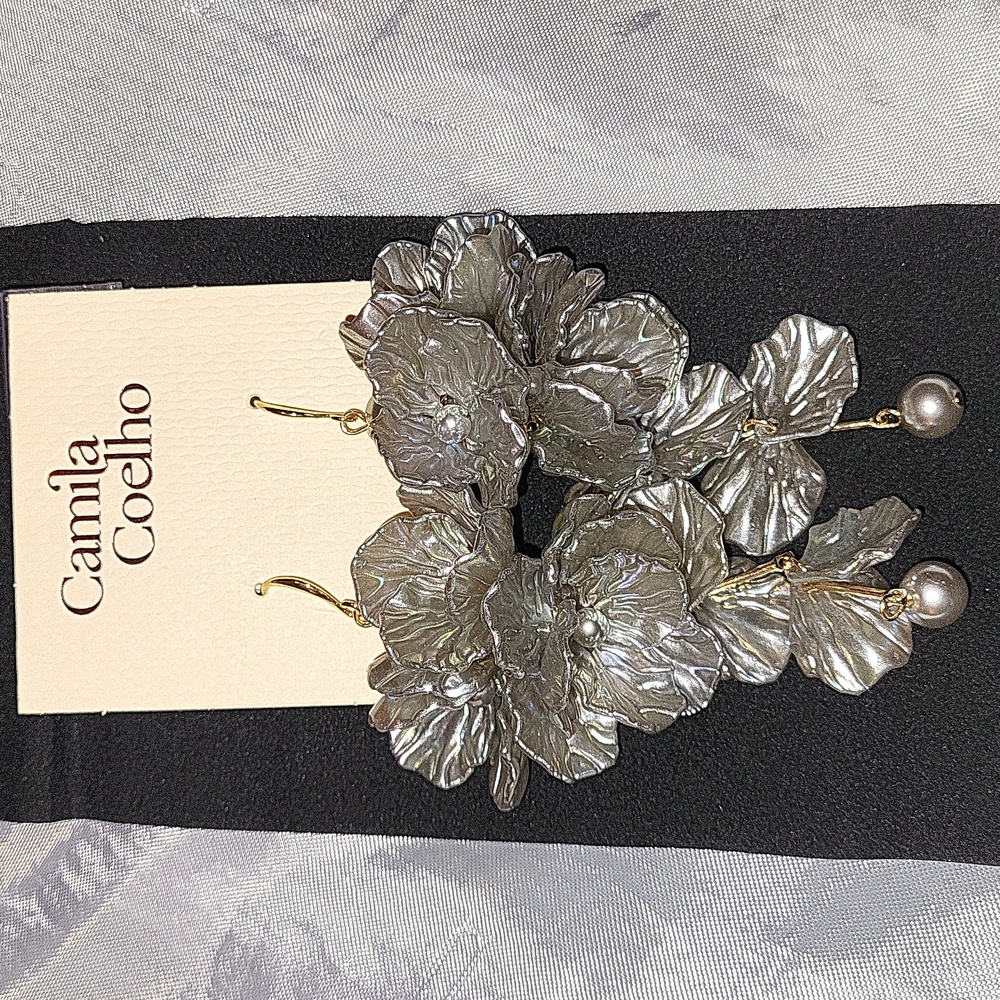 Camila Coelho Irrodecent Pewter  Toned Floral Earrings Brand New